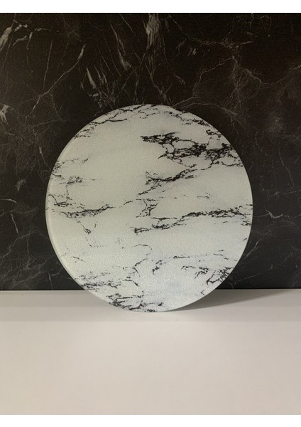 Çap 27CM - Buzlu Cam, Beyaz Mermer - Kesme Tahtası - Sunumluk