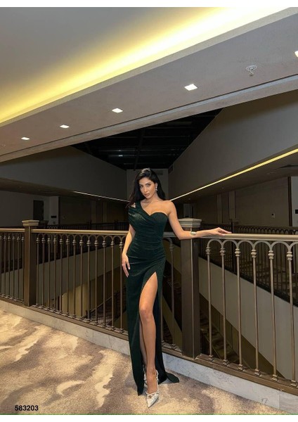 Tek Omuz Yırtmaçlı Flowers Kumaş Elbise Zümrüt 583203