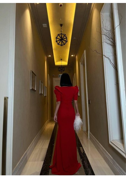 Kruvaze Yaka Balık Scuba Abiye Elbise Kırmızı 582863 fırsatları