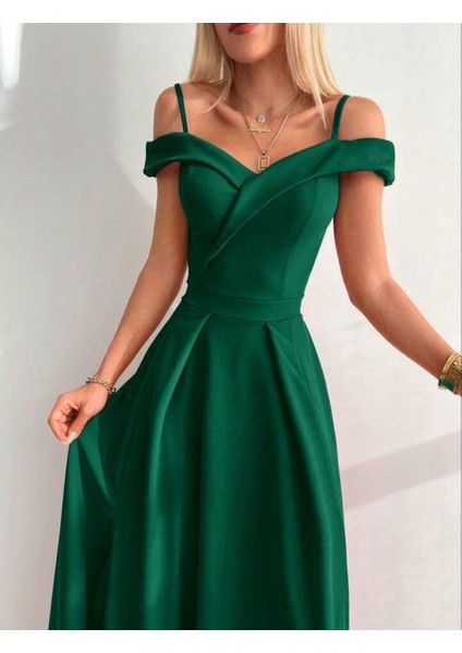 Düşük Askı Yırtmaçlı Uzun Abiye Elbise Zümrüt 58871
