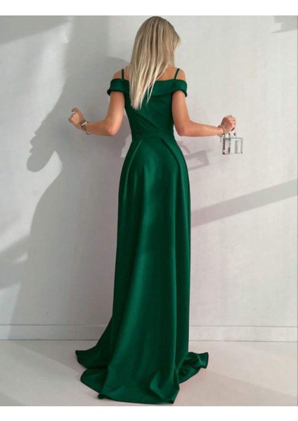 Düşük Askı Yırtmaçlı Uzun Abiye Elbise Zümrüt 58871 modelleri