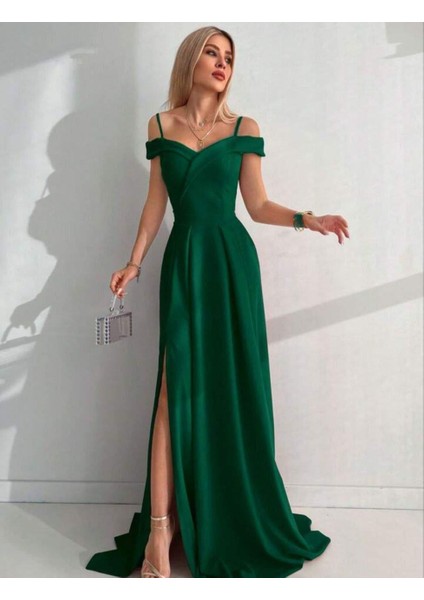 Düşük Askı Yırtmaçlı Uzun Abiye Elbise Zümrüt 58871 fırsatları