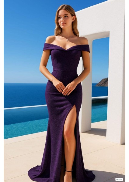 Kadın Simli Krep Kumaş Straplez Yaka Yırtmaçlı Maxi Elbise Mor 582539