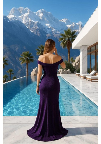 Kadın Simli Krep Kumaş Straplez Yaka Yırtmaçlı Maxi Elbise Mor 582539 fiyatları