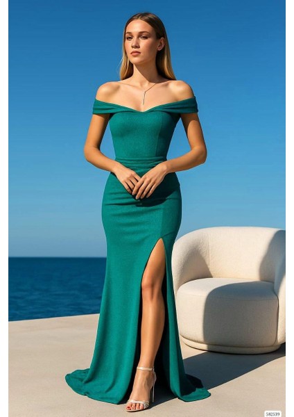 Kadın Simli Krep Kumaş Straplez Yaka Yırtmaçlı Maxi Elbise Yeşil 582539