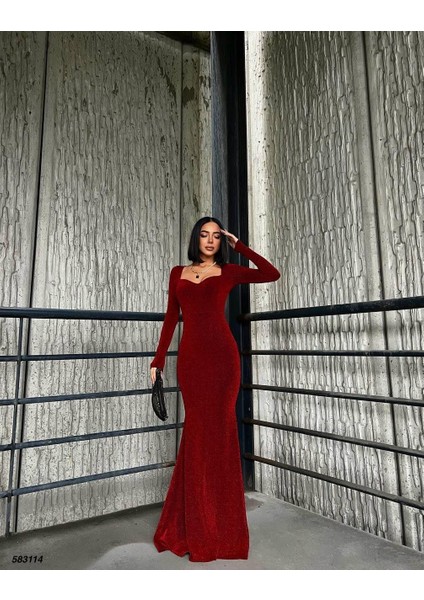 Kalp Yaka Balık Model Flowers Kumaş Abiye Elbise Kırmızı 583114 modelleri
