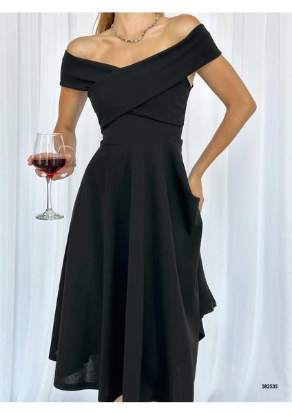 Düşük Omuz Midi Abiye Elbise 582535 Siyah