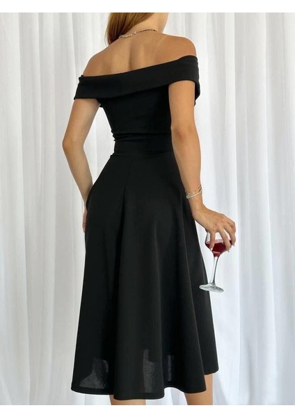 Düşük Omuz Midi Abiye Elbise 582535 Siyah modelleri