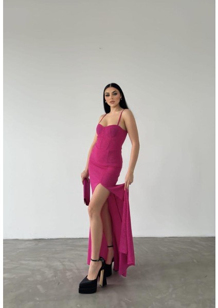 Fukuro Kumaş Yırtmaç Detay Premium Abiye Elbise Fuşya 582419 modelleri