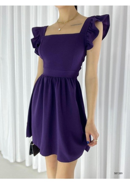 Krep Kumaş Sırt Dekolteli Mini Elbise Abiye Elbise Mezuniyet Elbisesi 581389 Mor