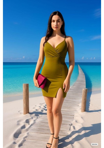 Askılı Yırtmaç Detaylı Mini Elbise 581816 Fıstık Yeşili