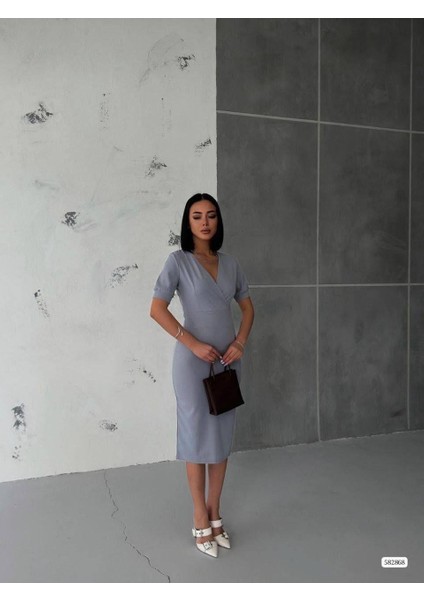 Kruvaze Yaka Kısa Kol Kalem Elbise Gri 582868