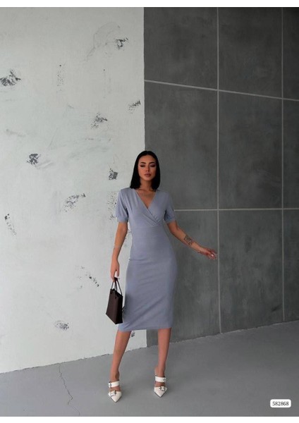 Kruvaze Yaka Kısa Kol Kalem Elbise Gri 582868 fiyatları