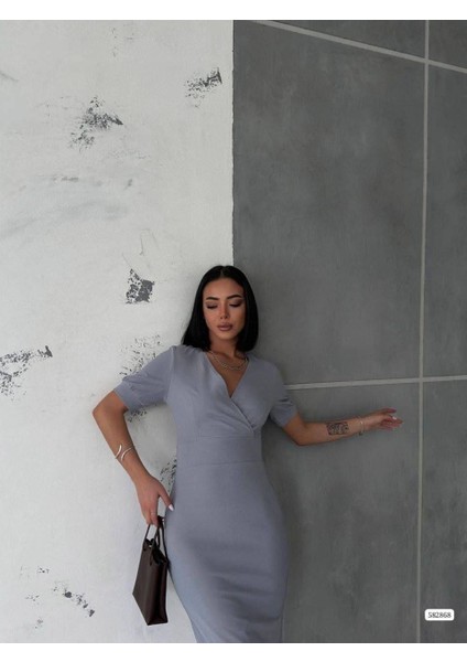 Kruvaze Yaka Kısa Kol Kalem Elbise Gri 582868 modelleri
