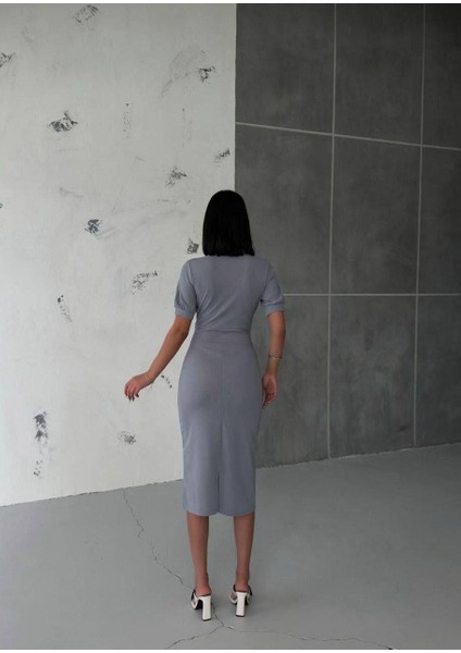 Kruvaze Yaka Kısa Kol Kalem Elbise Gri 582868 fırsatları