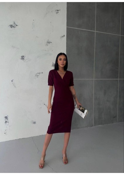 Kruvaze Yaka Kısa Kol Kalem Elbise Mor 582868