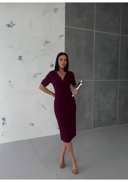 Kruvaze Yaka Kısa Kol Kalem Elbise Mor 582868 fiyatları