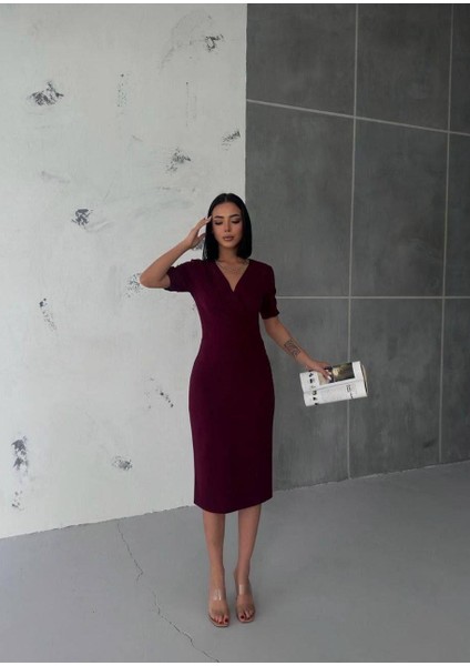 Kruvaze Yaka Kısa Kol Kalem Elbise Mor 582868 modelleri