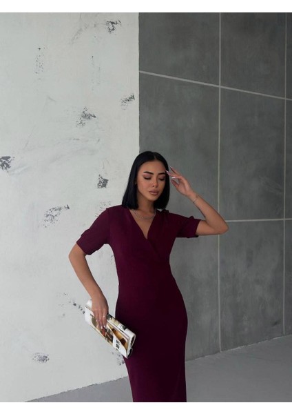 Kruvaze Yaka Kısa Kol Kalem Elbise Mor 582868 fırsatları