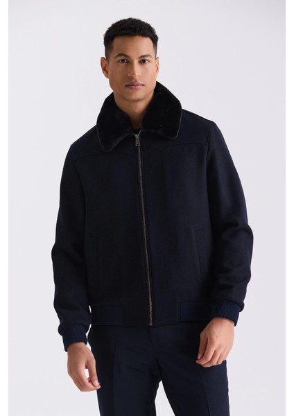 Lacivert Regular Fit Çıkarılabilir Kürklü Yaka Lastikli Yünlü Kaban Mont