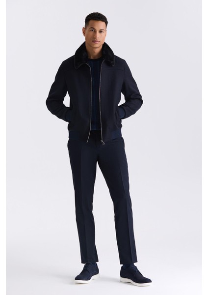 Lacivert Regular Fit Çıkarılabilir Kürklü Yaka Lastikli Yünlü Kaban Mont