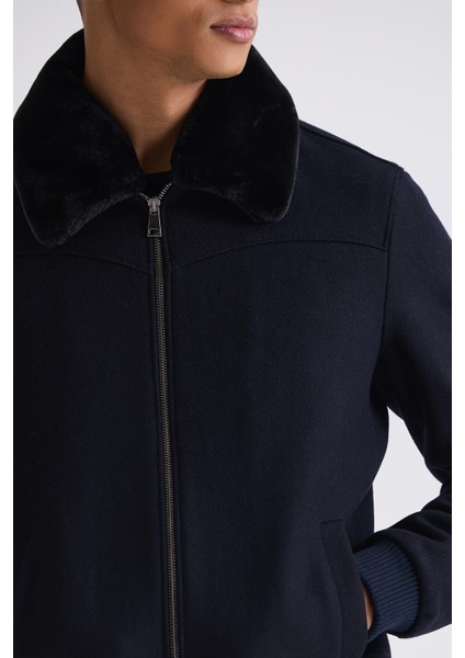 Lacivert Regular Fit Çıkarılabilir Kürklü Yaka Lastikli Yünlü Kaban Mont