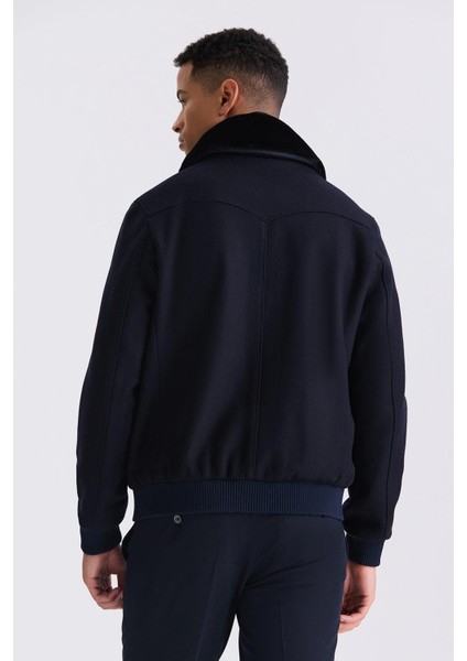 Lacivert Regular Fit Çıkarılabilir Kürklü Yaka Lastikli Yünlü Kaban Mont