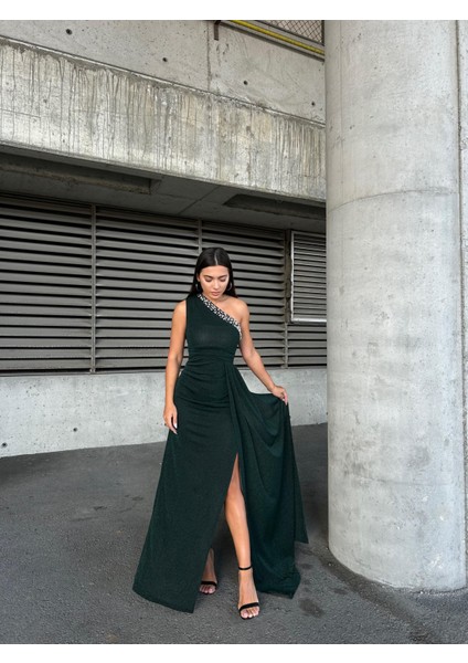 Flowers Inci Detaylı Tek Omuz Abiye Elbise 583313 Zümrüt