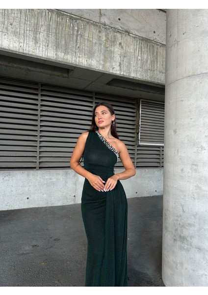 Flowers Inci Detaylı Tek Omuz Abiye Elbise 583313 Zümrüt fiyatları