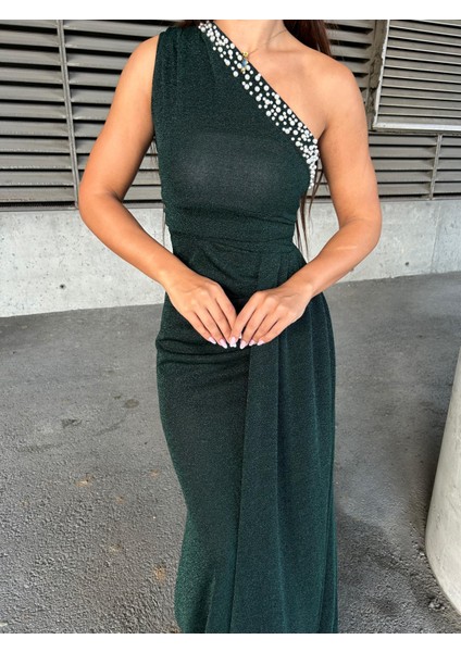 Flowers Inci Detaylı Tek Omuz Abiye Elbise 583313 Zümrüt modelleri