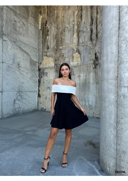 Esnek Krep Kumaş Degaje Yaka Abiye Mini Elbise 583238 Siyah