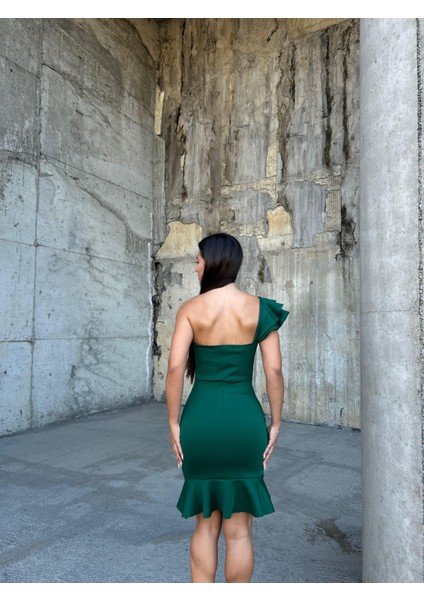Tek Kol Eteği Fırfırlı Scuba Elbise 581785 Zümrüt modelleri