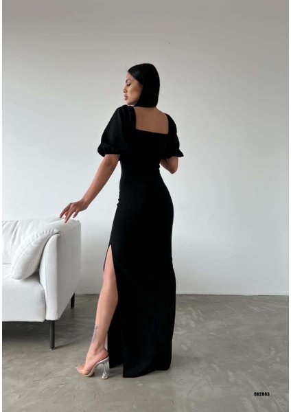 Krep Kumaş Kruvaze Yaka Balon Kol Yırtmaç Detaylı Maxi Elbise Siyah 582853 fırsatları