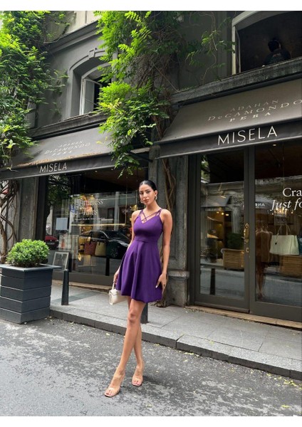 Göğüs Detaylı Kloş Krep Elbise 58806 Mor