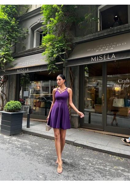 Göğüs Detaylı Kloş Krep Elbise 58806 Mor modelleri