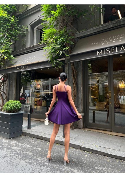 Göğüs Detaylı Kloş Krep Elbise 58806 Mor fırsatları