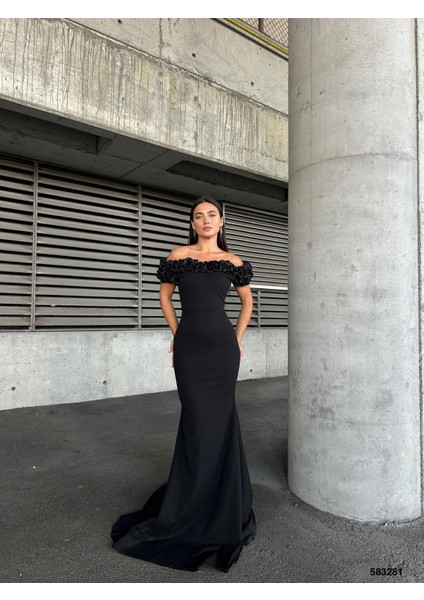 Esnek Krep Kumaş Ön Gül Detaylı Abiye Elbise 583281 Siyah