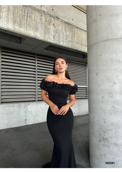 Esnek Krep Kumaş Ön Gül Detaylı Abiye Elbise 583281 Siyah fiyatları