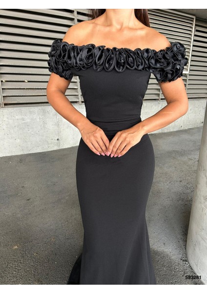 Esnek Krep Kumaş Ön Gül Detaylı Abiye Elbise 583281 Siyah modelleri