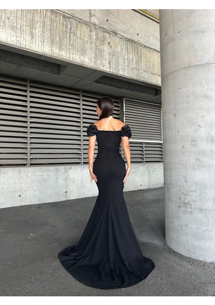 Esnek Krep Kumaş Ön Gül Detaylı Abiye Elbise 583281 Siyah fırsatları