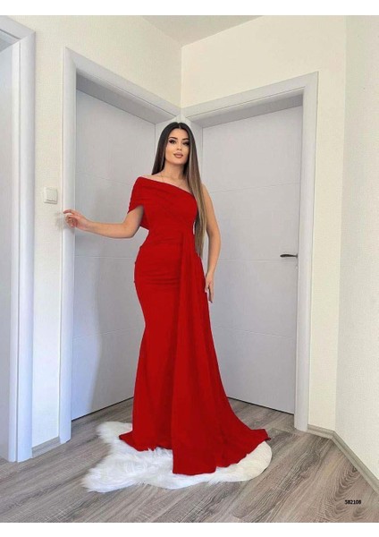 Esnek Kumaş Tek Omuz Yan Kuyruk Detaylı Balık Kesim Abiye ve Mezuniyet Elbisesi Kırmızı 582108