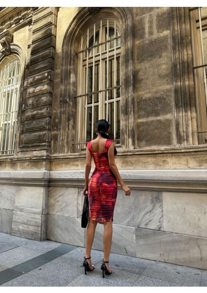 Kare Yaka Desenli Sandy Kumaş Tül Elbise Kırmızı 582953 fiyatları