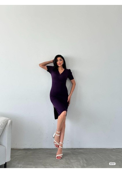 Kruvaze Yaka Yandan Yırtmaçlı Elbise 582907 Mor