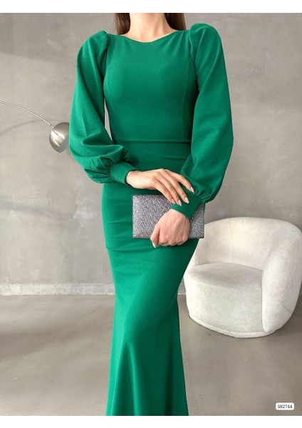 Balon Kol Balık Model Maxi Boy Ithal Krep Kumaş Elbise 582744 Zumrut fiyatları