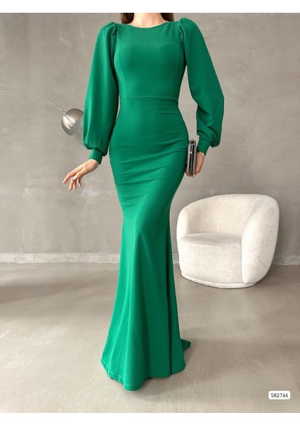 Balon Kol Balık Model Maxi Boy Ithal Krep Kumaş Elbise 582744 Zumrut fırsatları