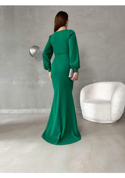 Balon Kol Balık Model Maxi Boy Ithal Krep Kumaş Elbise 582744 Zumrut indirimleri