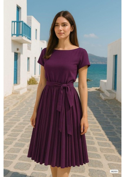 Piliseli Kuşaklı Krep Elbise Mor 582059