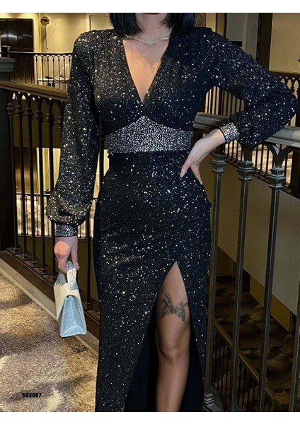 Simli V Yaka Kuşak Detaylı Uzun Yırtmaçlı Abiye Elbise Siyah 583097 modelleri