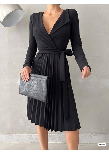 Uzun Kollu Krep Kumaş Pliseli Kemerli Elbise Siyah 582259
