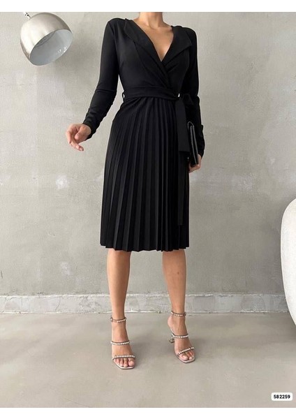 Uzun Kollu Krep Kumaş Pliseli Kemerli Elbise Siyah 582259 fiyatları